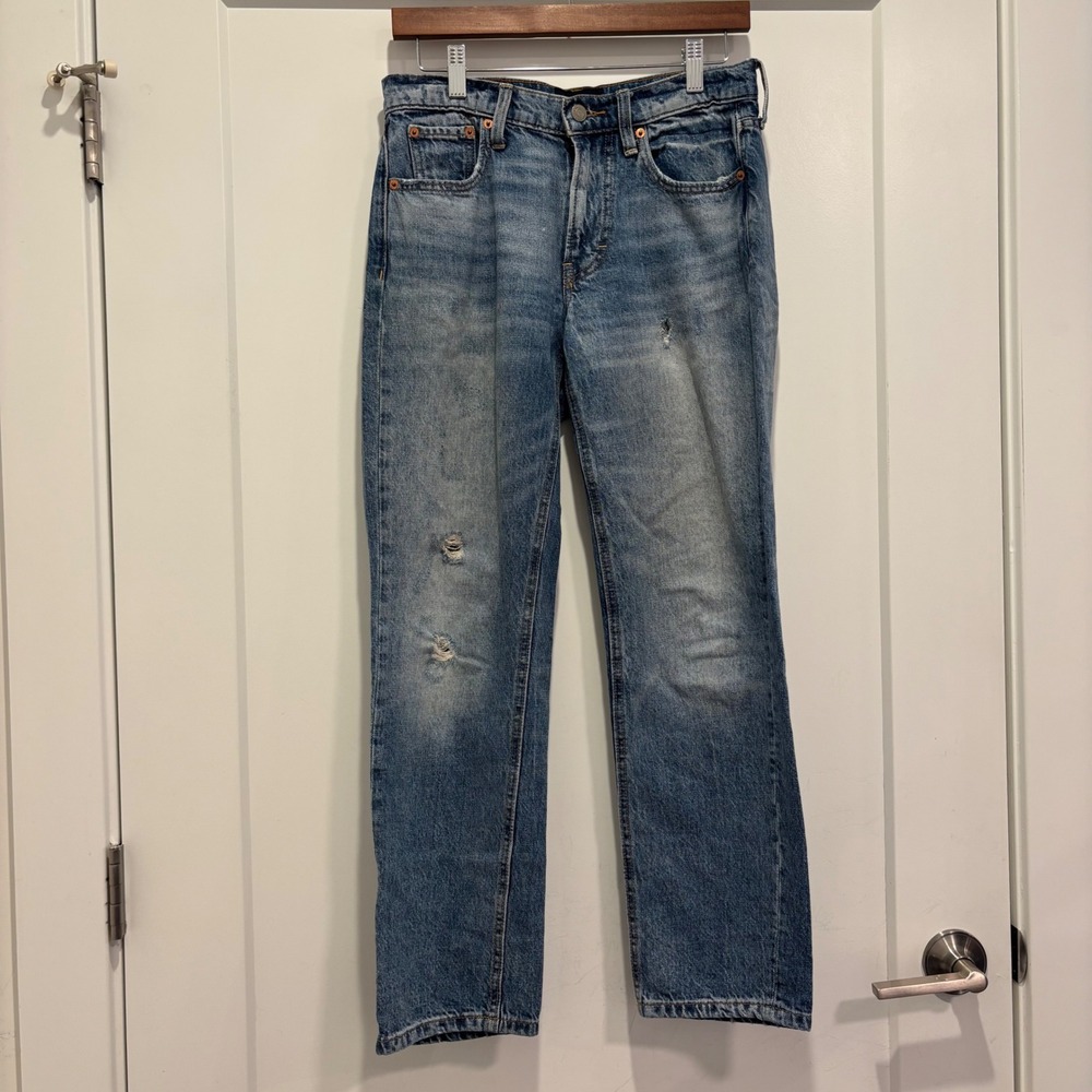 Lucky Brand Boy Mid Rise Relaxed Straight Jeans Blue Distressed 0/25R
